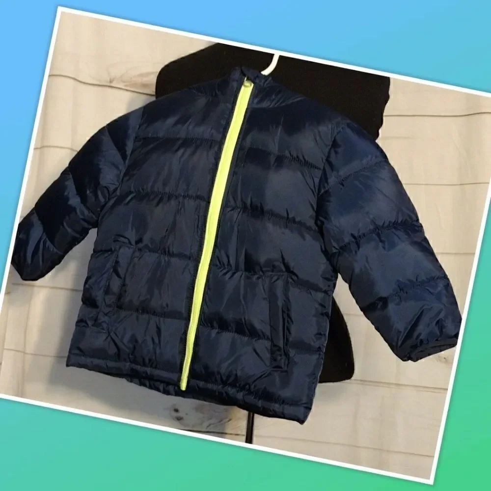 NWT Wonder Nation 12M Puffer Coat Blue with Hood Lime Green Zipper I'm